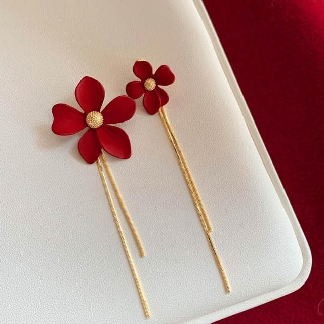 🎗飾間首飾鋪 紅色不對稱珍珠流蘇耳飾蚊香盤耳夾女無耳洞新年耳環耳環