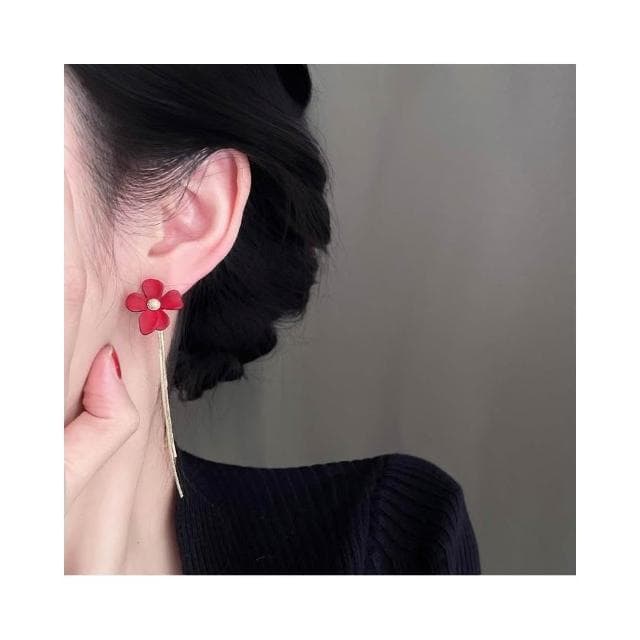 🎗飾間首飾鋪 紅色不對稱珍珠流蘇耳飾蚊香盤耳夾女無耳洞新年耳環耳環