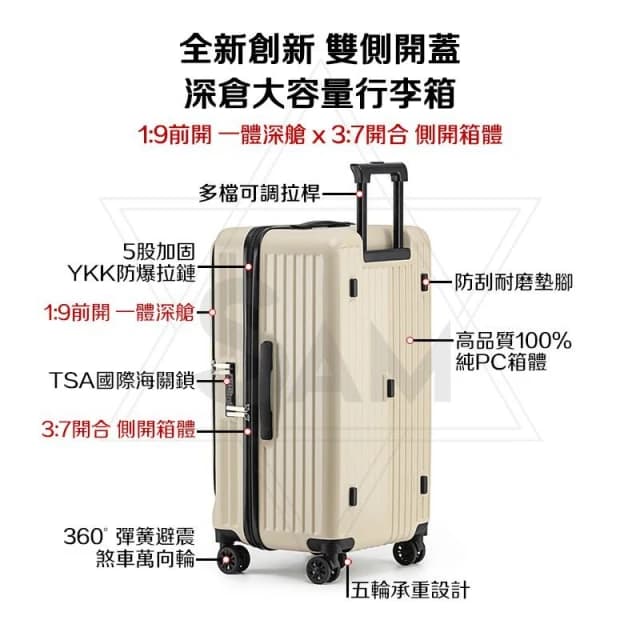 【SAM】輕奢款 雙開行李箱 29吋 前開胖胖箱 前開式行李箱 純PC 輕量行李箱 煞車行李箱 五輪行李箱1:9+3:7