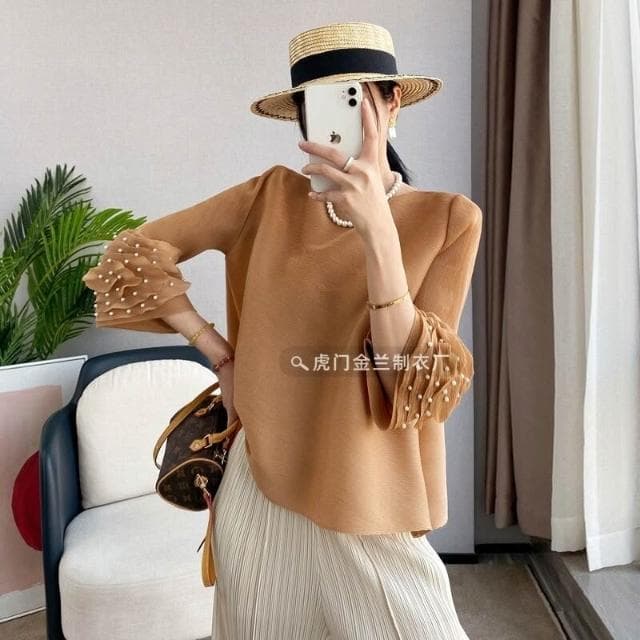 三宅千影褶皺T恤釘珠喇叭袖純色通勤寬松上衣中年媽媽母親節禮物