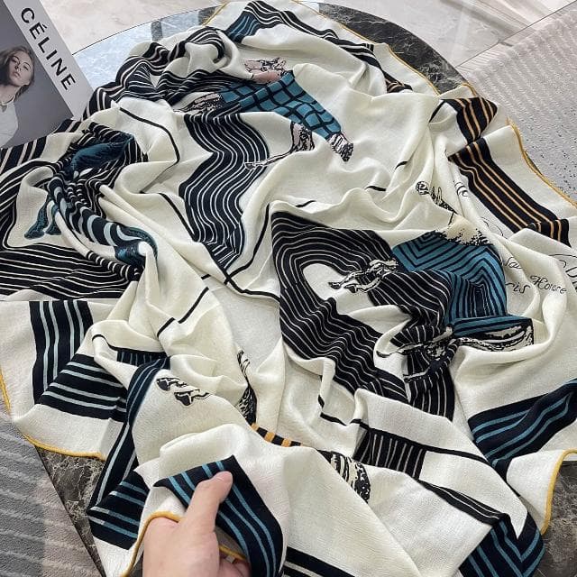 好夢想精品館   時尚真絲羊絨圍巾女冬季高級感百搭保暖羊毛方巾披肩