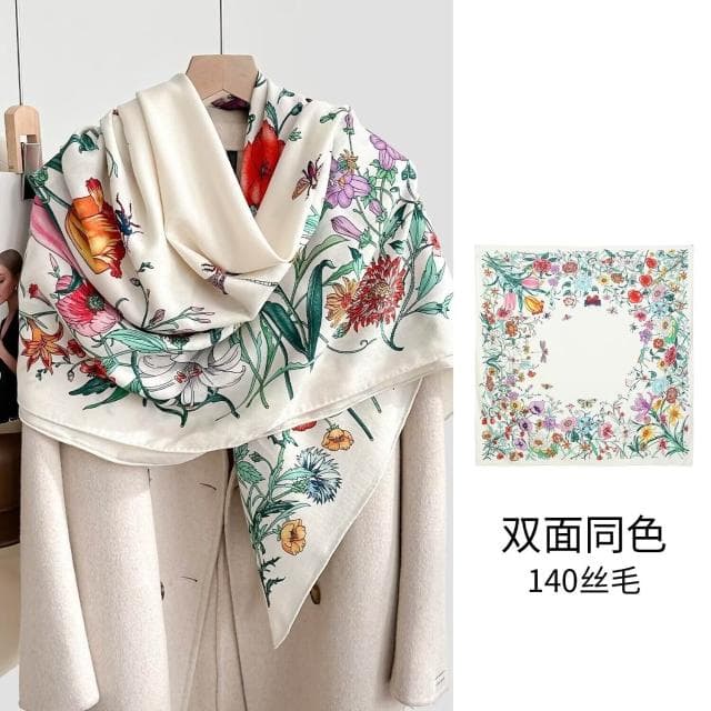 好夢想精品館  雙面異色真絲羊毛140絲巾重工高級感絲毛大披肩秋冬百搭保暖圍巾