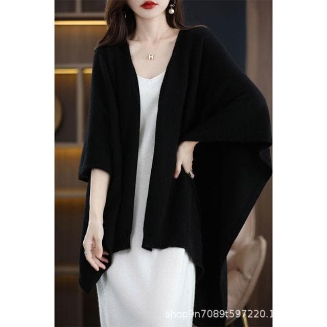 好夢想精品館  美麗諾純羊毛鬥篷超大披肩羊絨圍巾加厚保暖2024秋冬季百搭女黑色