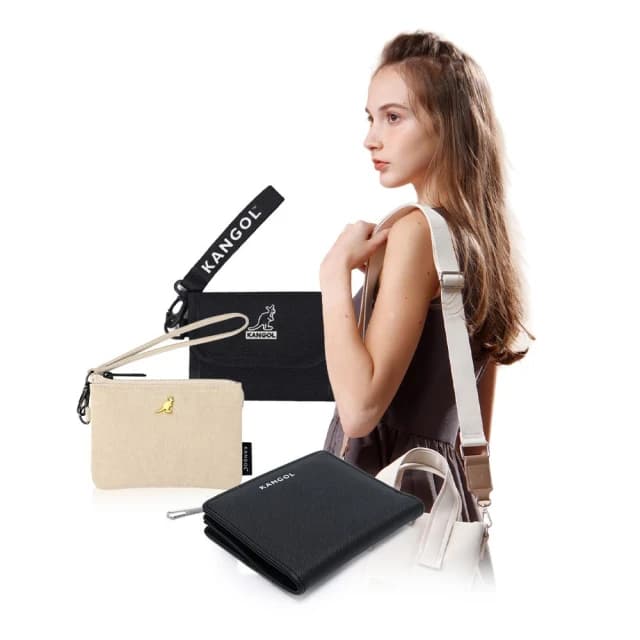 【KANGOL】英國 袋鼠 零錢包  61251785(錢包 三層 皮夾 短夾 尼龍 防潑水 防水 多夾層 手拿包)