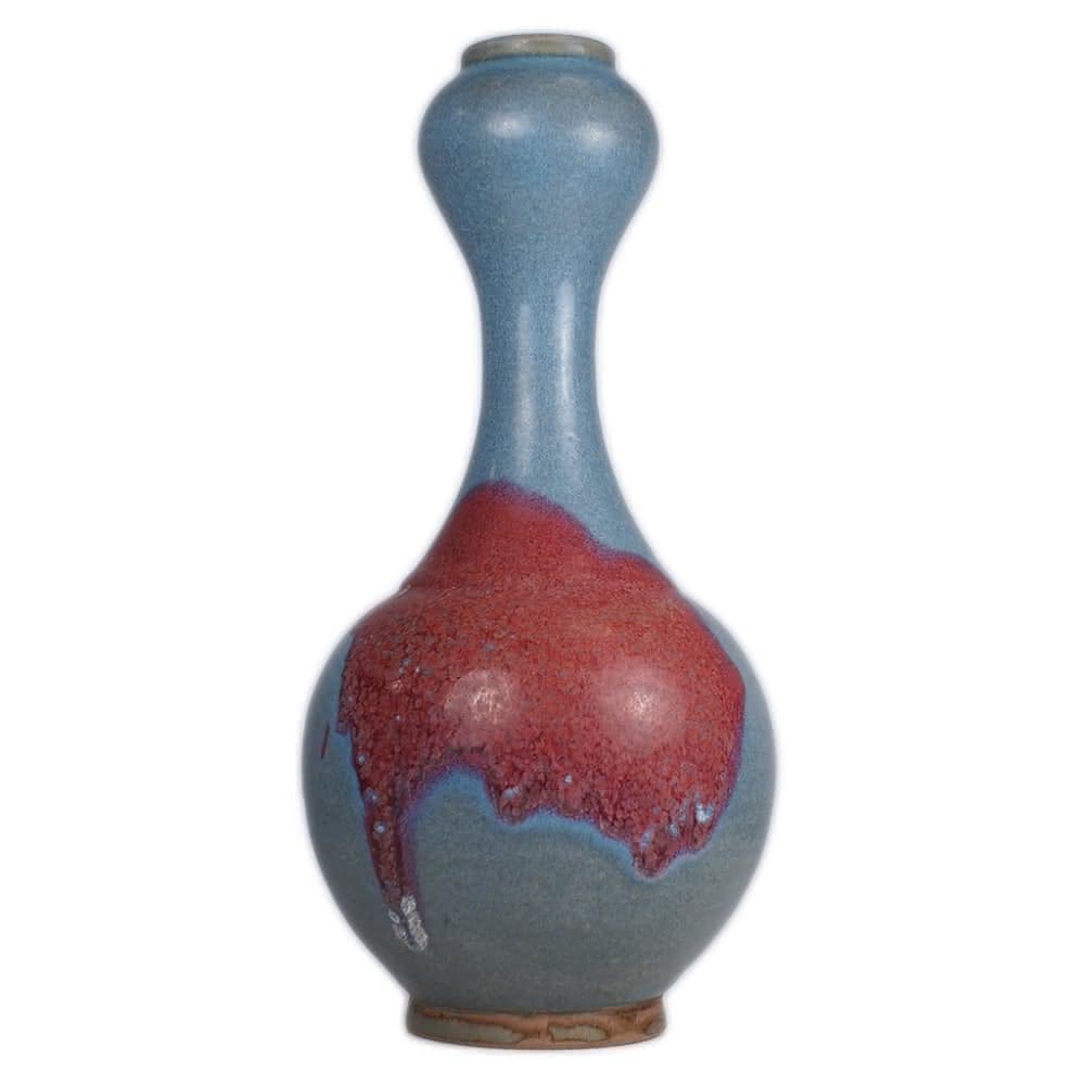 《博古珍藏》元 鈞窯天青釉紫斑蒜頭瓶 早期收藏 老件花瓶瓷器