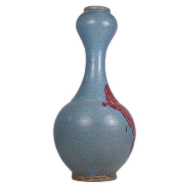 《博古珍藏》元 鈞窯天青釉紫斑蒜頭瓶 早期收藏 老件花瓶瓷器