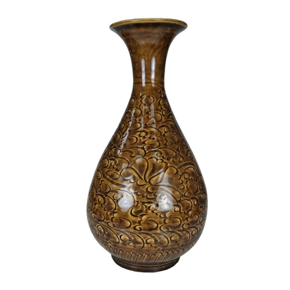 《博古珍藏》宋 吉州窯黃釉刻花卉紋玉壺春瓶 老件花瓶瓷器 早期收藏