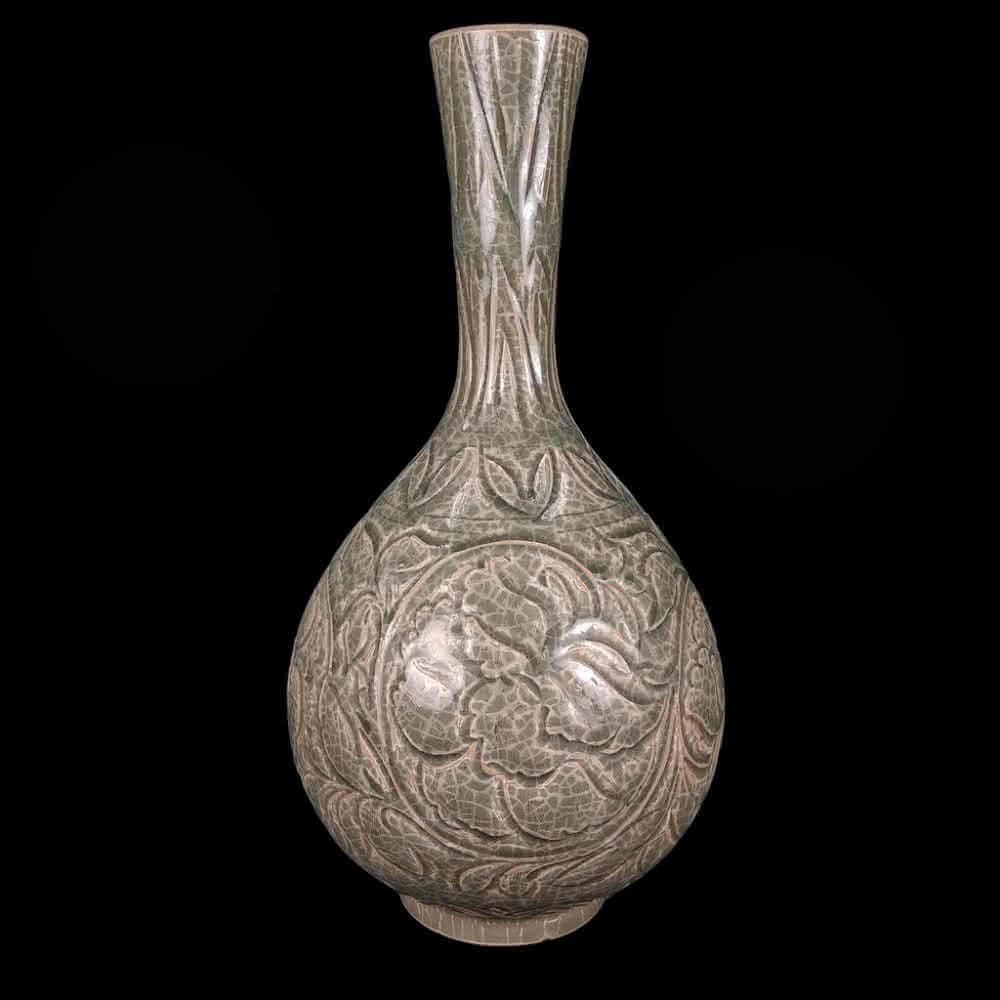 《博古珍藏》宋 耀州窯刻花卉紋長頸瓶 早期收藏 花瓶瓷器