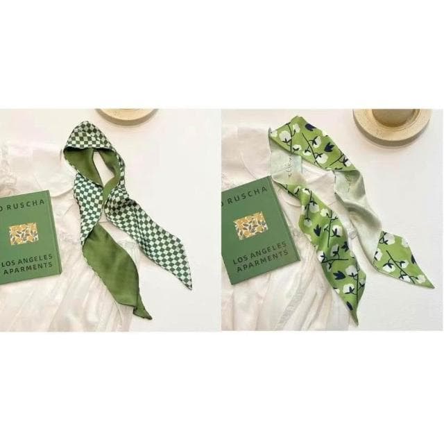 梵花 綠色繫新款顯白多功能春夏長條小絲巾女髮帶裝飾領巾小圍巾綁包包