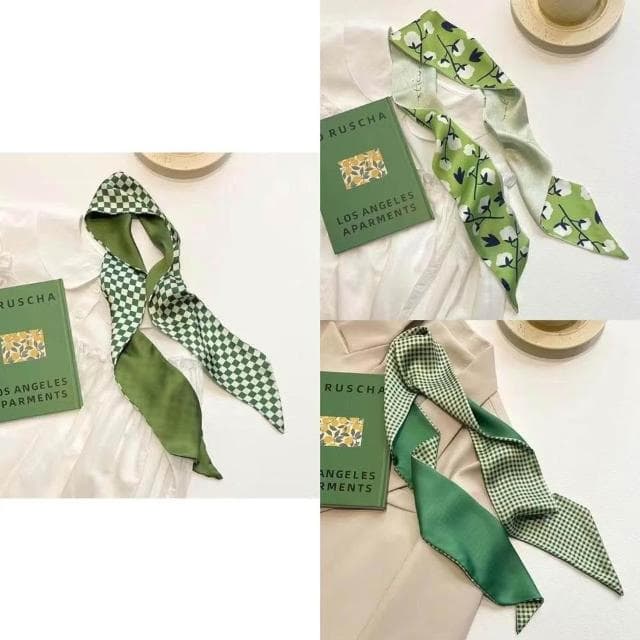 梵花 綠色繫新款顯白多功能春夏長條小絲巾女髮帶裝飾領巾小圍巾綁包包