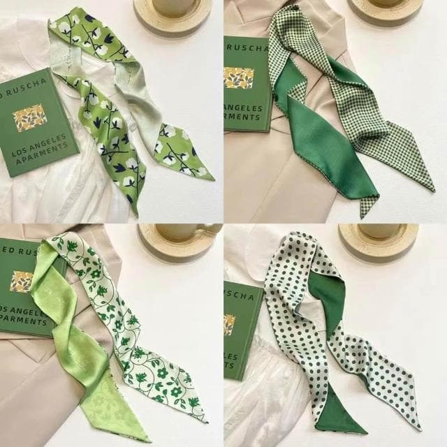 梵花 綠色繫新款顯白多功能春夏長條小絲巾女髮帶裝飾領巾小圍巾綁包包