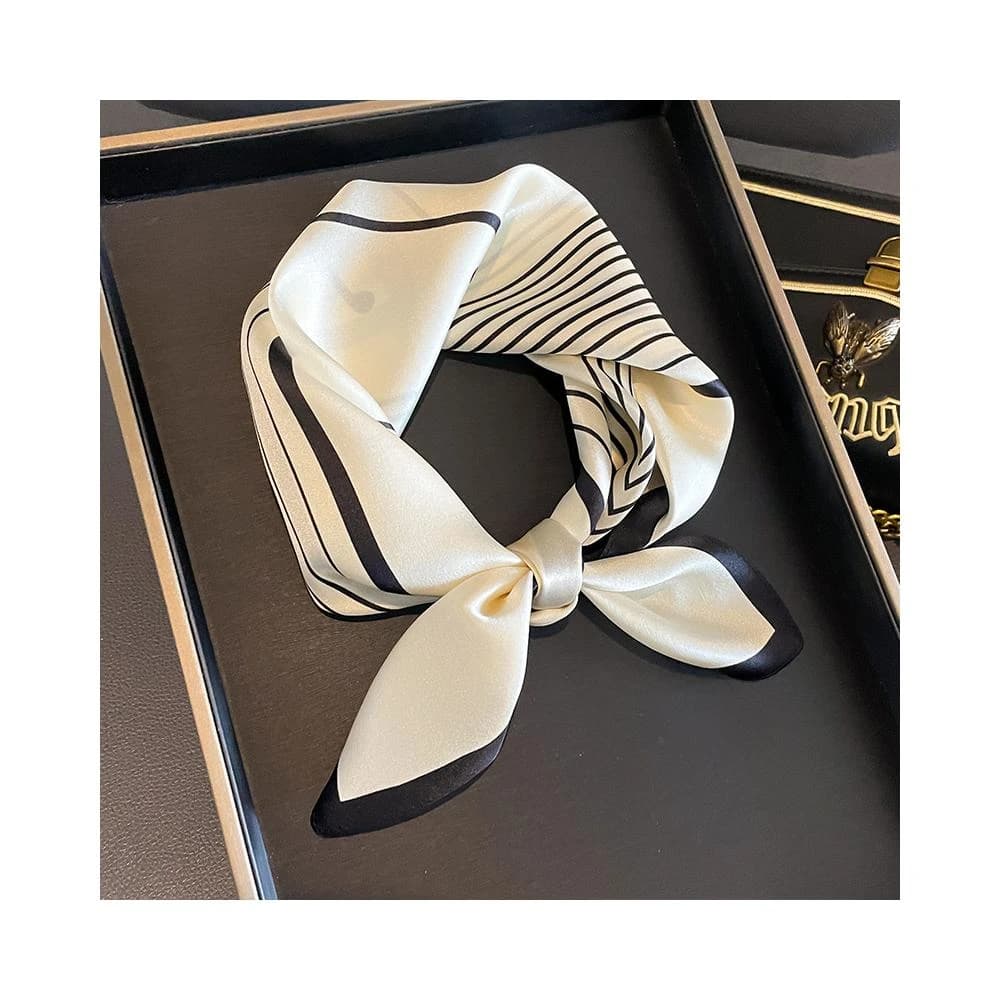 梵花 絲綢桑蠶絲絲巾簡約黑白條紋真絲圍巾女小方巾領巾披肩