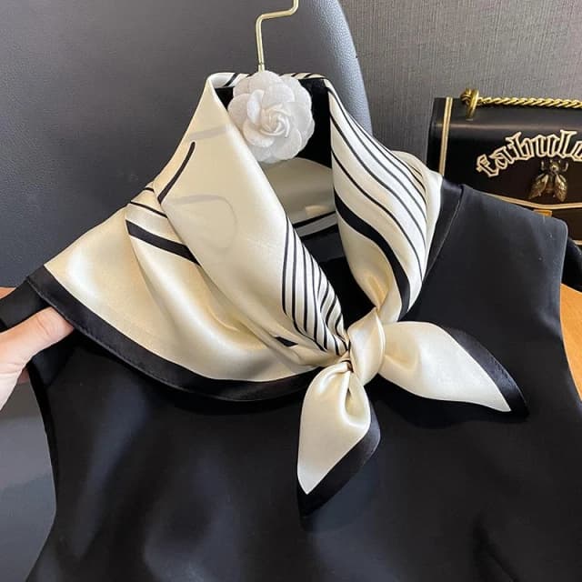 梵花 絲綢桑蠶絲絲巾簡約黑白條紋真絲圍巾女小方巾領巾披肩