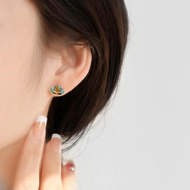 🎗飾間首飾鋪 925純銀和田玉蓮花耳環首飾女國風復古耳釘飾品小眾設計耳飾