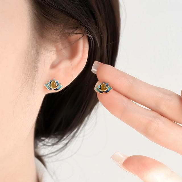 🎗飾間首飾鋪 925純銀和田玉蓮花耳環首飾女國風復古耳釘飾品小眾設計耳飾