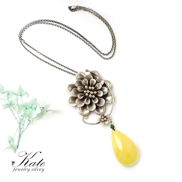 【KATE】銀飾 手工設計華麗芍藥花天然蜜蠟雙墜式純銀項鍊 波羅的海琥珀蜜蠟 植物珀 芍藥花 色澤潤美 生日禮物 情人禮物