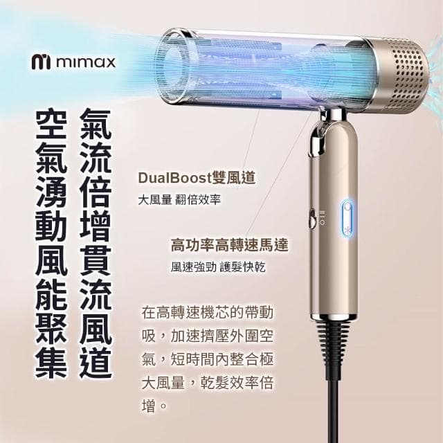 【mimax 米覓】高速摺疊負離子吹風機 高速馬達 強風 滋潤護髮 照護髮質 附風嘴 百變造型 智慧控溫芯片 輕巧折疊