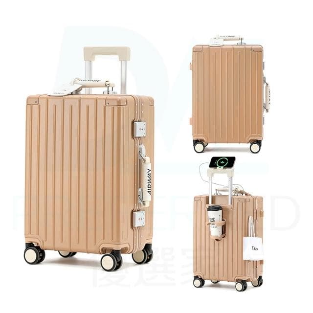 【DW優選家】AIRWAY 登機箱 20吋行李箱 鋁框行李箱 旅行箱 德國PC材質行李箱 日本原廠輕音萬向輪 限定奶茶色