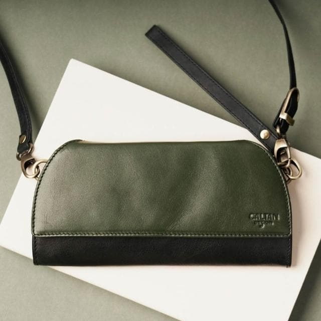 【CALTAN】CALTAN DESIGN | 午夜林真皮掀蓋撞色斜背長夾 075322bk/gr (真皮 長夾 可背式 皮夾 錢包)