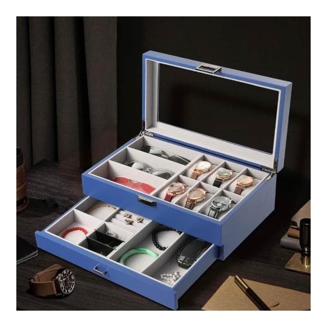 高級 皮革 珠寶 首飾 收納盒 家用 多功能 雙層 手錶 一體 眼鏡盒 收納 展示盒 首飾盒 飾品盒
