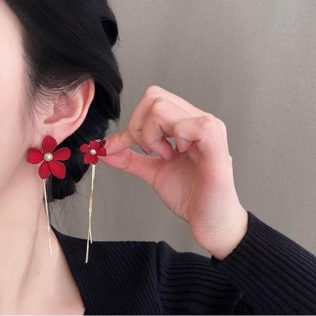 🎗飾間首飾鋪 紅色不對稱珍珠流蘇耳飾蚊香盤耳夾女無耳洞新年耳環耳環