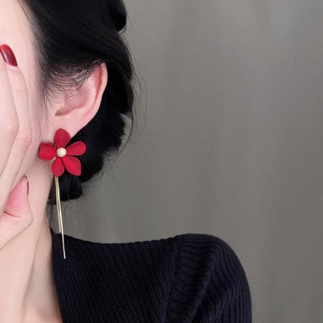 🎗飾間首飾鋪 紅色不對稱珍珠流蘇耳飾蚊香盤耳夾女無耳洞新年耳環耳環