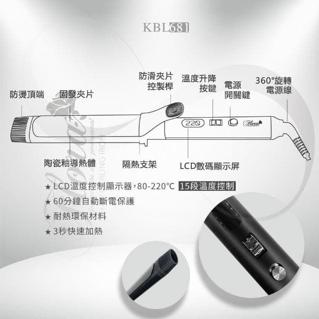 【Flora】搭贈組|負離子黑鈦髮棒 KBL681 (設計師指定 沙龍加長型 國際電壓 負離子電棒 三種尺寸__Kimi極美職人推薦)