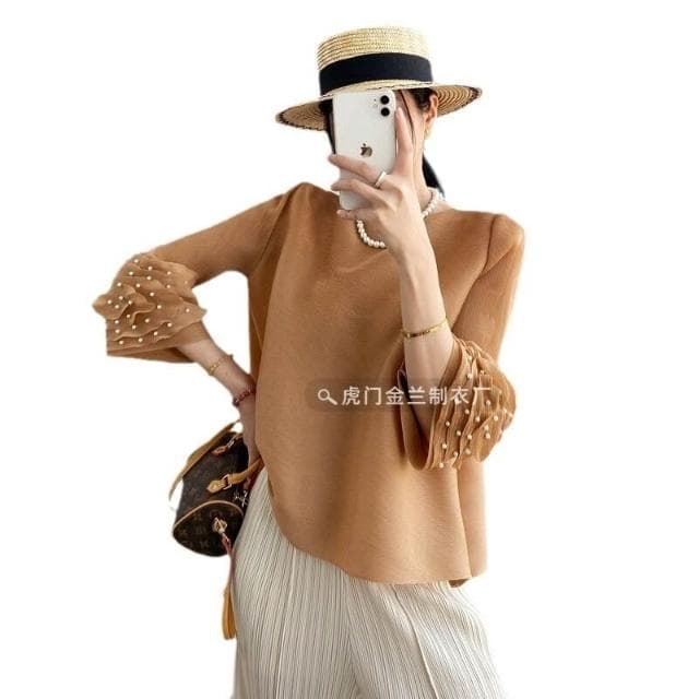 三宅千影褶皺T恤釘珠喇叭袖純色通勤寬松上衣中年媽媽母親節禮物