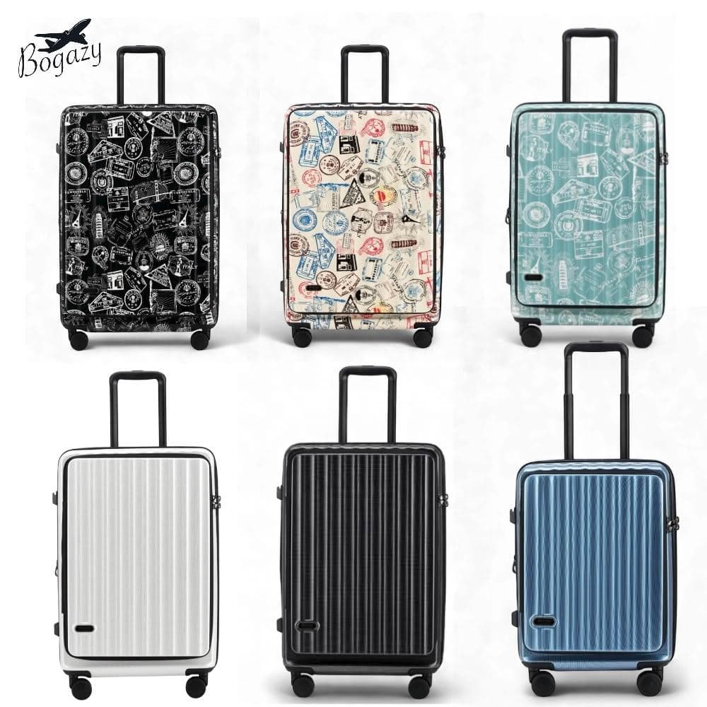 【Bogazy】前開式雙開行李箱 撞色 新款 登機箱 充電孔 可加大 避震輪 防爆拉鍊 海關密碼鎖 杯架 掛勾 多功能