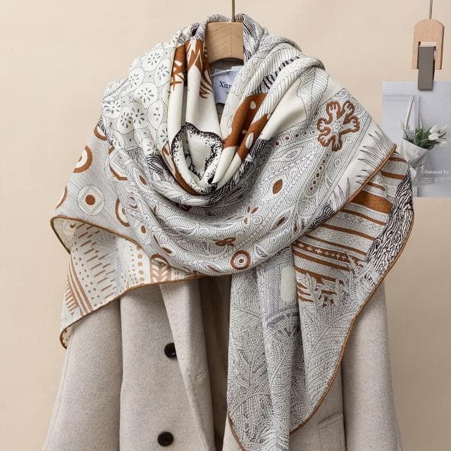 好夢想精品館   時尚真絲羊絨圍巾女冬季高級感百搭保暖羊毛方巾披肩