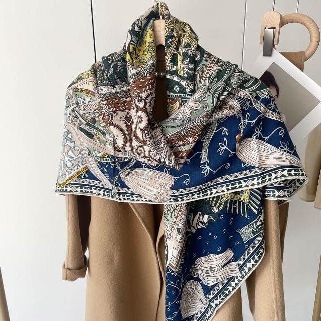 好夢想精品館   時尚真絲羊絨圍巾女冬季高級感百搭保暖羊毛方巾披肩