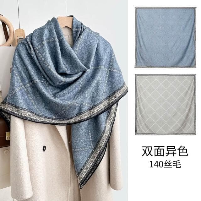 好夢想精品館  雙面異色真絲羊毛140絲巾重工高級感絲毛大披肩秋冬百搭保暖圍巾