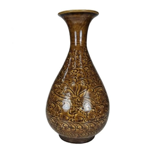 《博古珍藏》宋 吉州窯黃釉刻花卉紋玉壺春瓶 老件花瓶瓷器 早期收藏