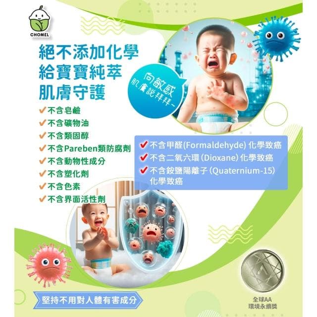 Chomel 啾美兒 嬰兒全面清潔組 嬰兒用洗衣精 洗髮沐浴雙效合一 滋養乳液 特惠組