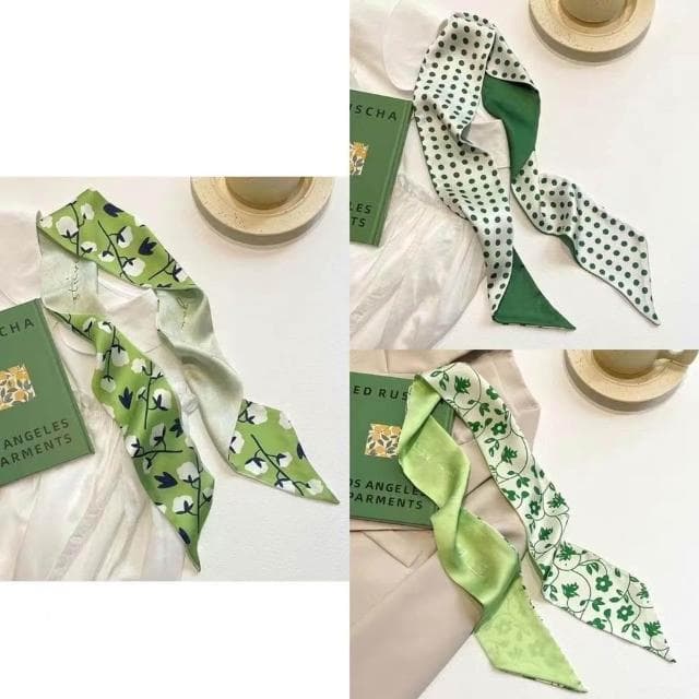 梵花 綠色繫新款顯白多功能春夏長條小絲巾女髮帶裝飾領巾小圍巾綁包包