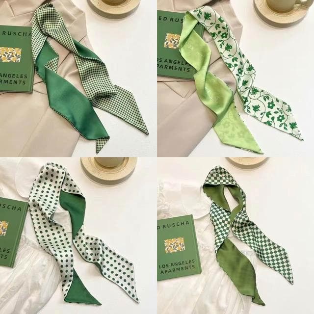 梵花 綠色繫新款顯白多功能春夏長條小絲巾女髮帶裝飾領巾小圍巾綁包包
