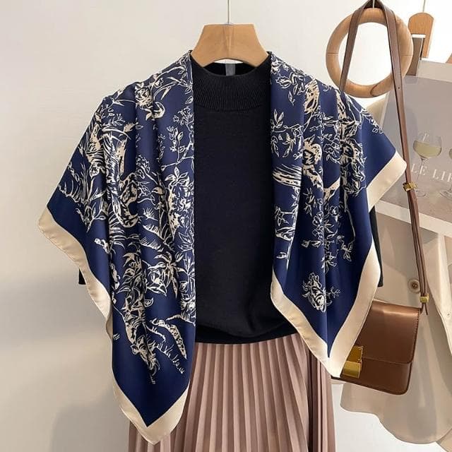 梵花 氣質藏青米色紅色順滑絲巾大方巾90cm百搭方巾披肩春秋新款圍巾