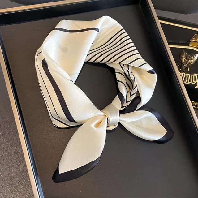 梵花 絲綢桑蠶絲絲巾簡約黑白條紋真絲圍巾女小方巾領巾披肩