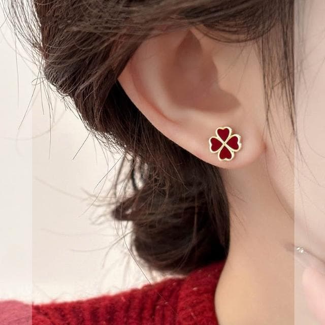 🎗飾間首飾鋪 S999純銀新年紅四葉草耳環首飾小眾設計飾品高級感耳釘耳飾