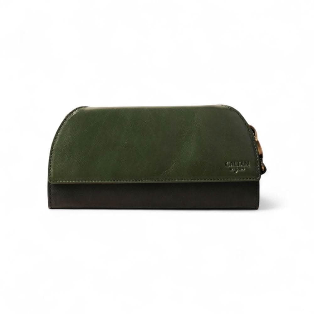 【CALTAN】CALTAN DESIGN | 午夜林真皮掀蓋撞色斜背長夾 075322bk/gr (真皮 長夾 可背式 皮夾 錢包)