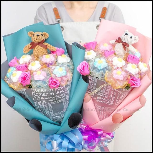 繽紛小熊花束 大花花棉花糖8支+香皂花5支 生日花束 畢業花束 情人節禮物 兩色包裝可選 g2289