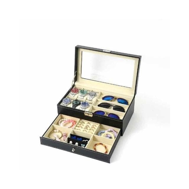 高級 皮革 珠寶 首飾 收納盒 家用 多功能 雙層 手錶 一體 眼鏡盒 收納 展示盒 首飾盒 飾品盒