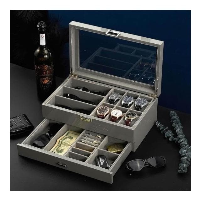 高級 皮革 珠寶 首飾 收納盒 家用 多功能 雙層 手錶 一體 眼鏡盒 收納 展示盒 首飾盒 飾品盒