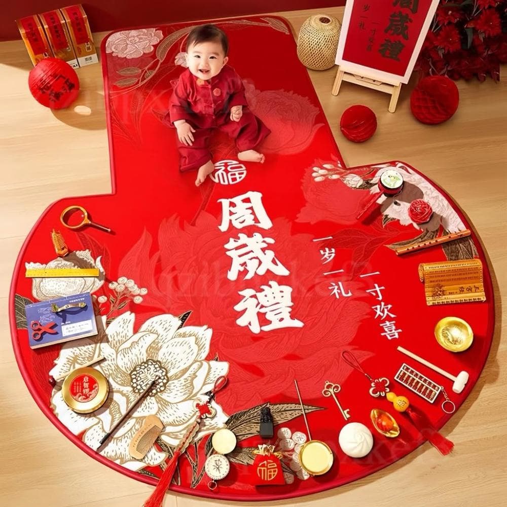 生日布置道具 周歲抓鬮地毯 抓鬮用品套裝 抓周圓形地毯 週歲禮抓周地毯 布置喜慶墊子 抓周圓形地墊