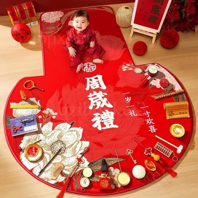 生日布置道具 周歲抓鬮地毯 抓鬮用品套裝 抓周圓形地毯 週歲禮抓周地毯 布置喜慶墊子 抓周圓形地墊