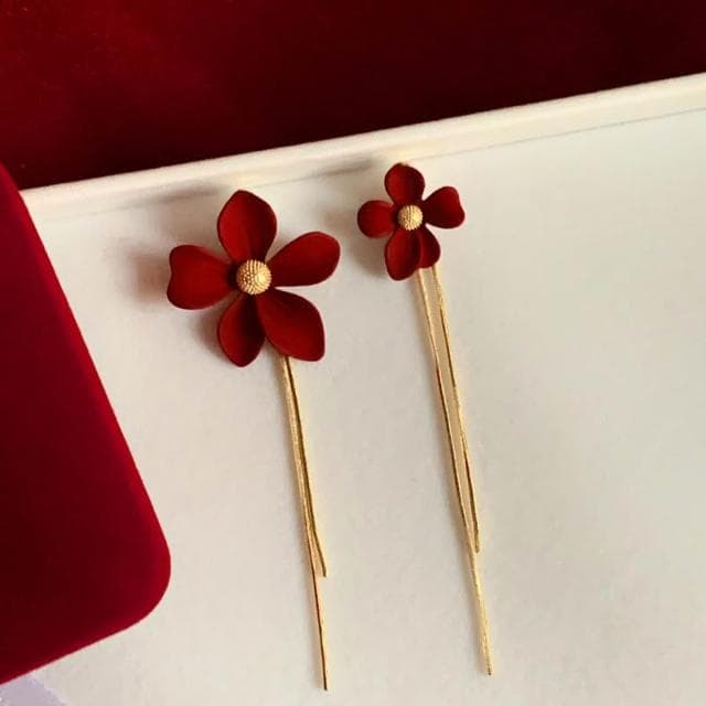 🎗飾間首飾鋪 紅色不對稱珍珠流蘇耳飾蚊香盤耳夾女無耳洞新年耳環耳環