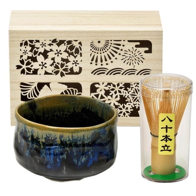 四季庵 日本製 木箱裝抹茶碗套組 (美濃燒茶碗 精裝木頭禮盒 抹茶禮盒 茶具禮盒 入門查到 送禮推薦)