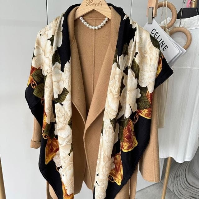 好夢想精品館   時尚真絲羊絨圍巾女冬季高級感百搭保暖羊毛方巾披肩