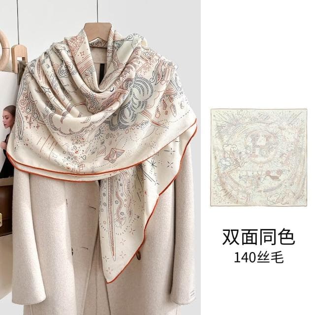 好夢想精品館  雙面異色真絲羊毛140絲巾重工高級感絲毛大披肩秋冬百搭保暖圍巾