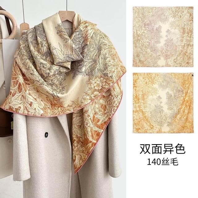 好夢想精品館  雙面異色真絲羊毛140絲巾重工高級感絲毛大披肩秋冬百搭保暖圍巾
